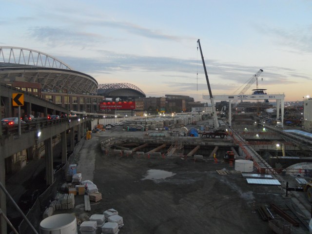 The waterfront tunnel's southern construction yard. Bertha's pit and the location of an eventual ventilation and operations building are visible.
