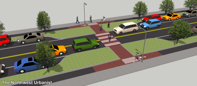 A mid-block crosswalk with 70 feet right-of-way. The raised bike/pedestrian intersection is an alternative to curb cuts. The islands, 20 feet long for ensuring visibility, could be used as small public spaces or bioswales Click to enlarge.