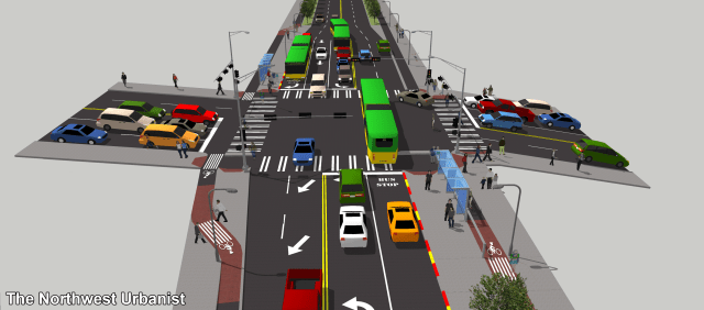 The busiest intersection in the corridor at 45th Street, where the right-of-way also shrinks from 80 feet to 55 feet. During most of the day, the lower segment (background) will allow curbside parking. Click to enlarge.