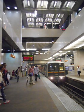 A MARTA train pulls in at Five Points station.