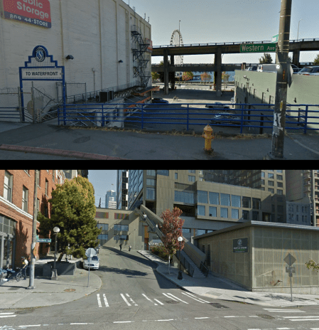 The Union Street right-of-way between Western Avenue and Alaskan Way (above) and First Avenue (below).