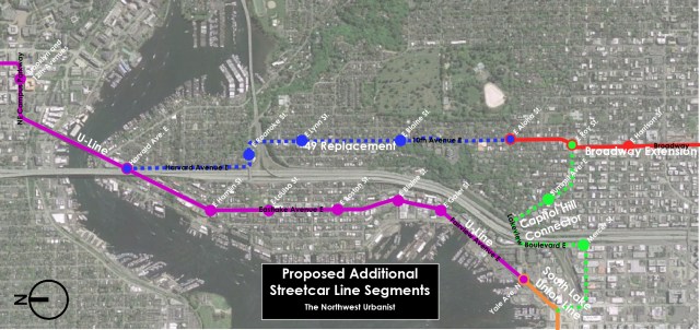 A proposal for two streetcar line segments that are not in the 2008 plan. Click to enlarge.