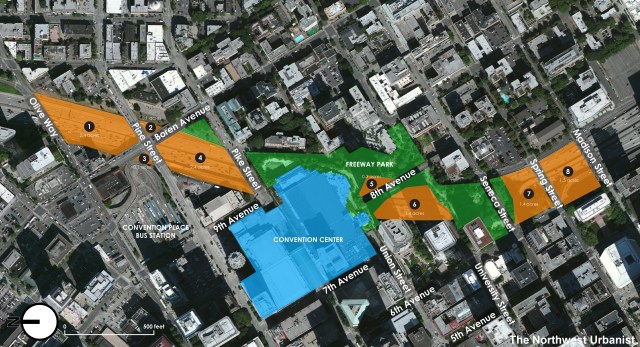 Study areas of the project. Total area (in orange) of the eight sections is about 9.6 acres. Click to enlarge.