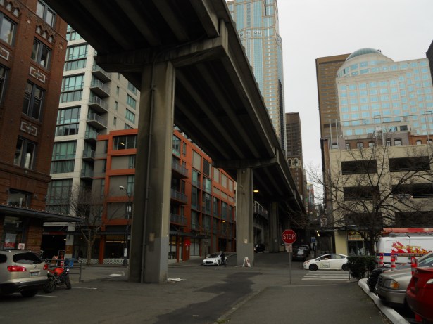 Underneath the northbound off-ramp at Seneca Street.