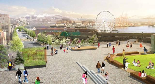 A conceptual render of the Overlook Walk above Alaskan Way. (Waterfront Seattle)