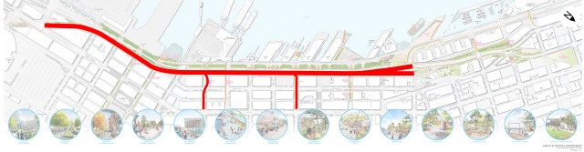 The proposal calls for saving 14 blocks of the viaduct between Pine Street and Railroad Way. The latest concept plan for the waterfront, dated May 2014, shows what the idea would interfere with. (Waterfront Seattle)