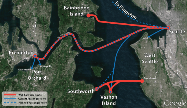 Current and planned public ferry routes in central Puget Sound.