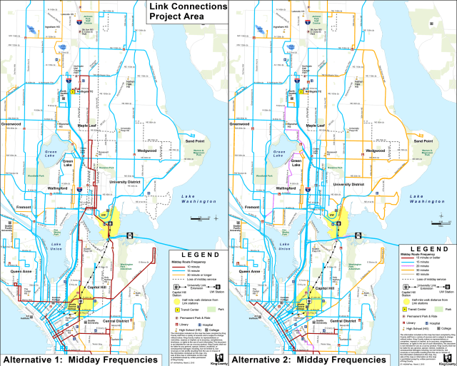 Comparison of Alternatives 1 and 2 midday frequency, perhaps the most useful way to visualize the networks. Click to enlarge. (King County Metro and Sound Transit)