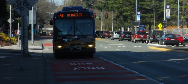 Investments like bus-only lanes and traffic signal priority could help make service more reliable for all riders. Photo by the author.