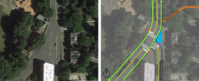 In blue is the bulbout, which would be temporary at first with paint and bollards and made permanent next year.