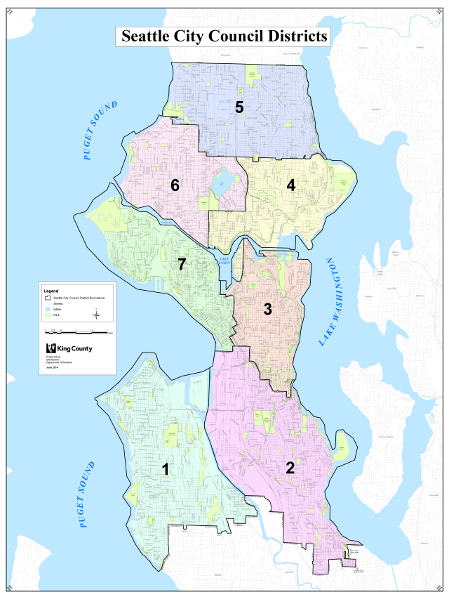 Map of Seattle's new City Council districts. Seats 8 and 9 are citywide. Click to enlarge. (King County Elections)