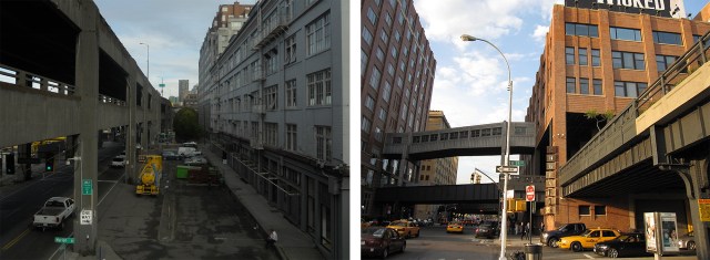 Left: The viaduct as seen from the Marion Street bridge. (Photo by the author). Right: the High Line between Manhattan's 14th and 15th streets where it runs through a building (Photo: Wikipedia). 