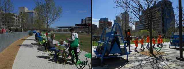 Klyde Warren Park many features attracts a variety of visitors, including tour groups at the nearby museums. Photos by the author.