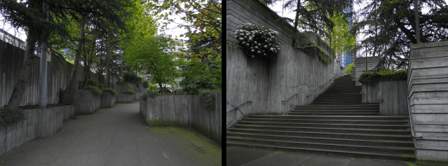 The verticality, tight spaces, and blind corners in Freeway Park lend to a sense of insecurity. Photos by the author.