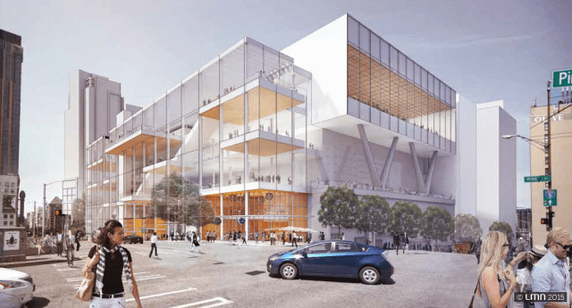 The preferred WSCC expansion design cantilivers over the freeway at the west corner of Pine Street and Boren Avenue. At street level, this corner of the building will have small retail spaces and building entries. The building's exterior will also have much greater transparency than the original facility. (LMN Architects)