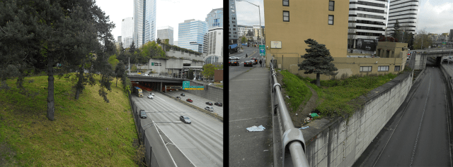 Just two examples of fenced "dead spaces". Left: between Pike Street and Pine Street (behind Plymouth Pillars Park). Right: behind the low-income housing Olive Tower on Boren Avenue. Spaces like these can easily be upgraded for formal public use. (Photos by the author)