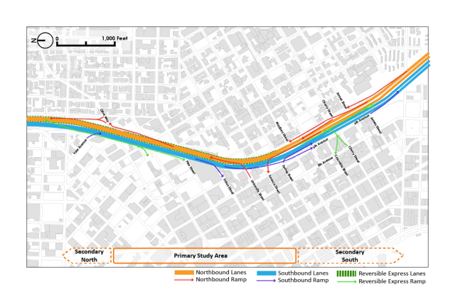 A visualization of I-5's complex weave of ramps and lanes. (Graphic by the author)
