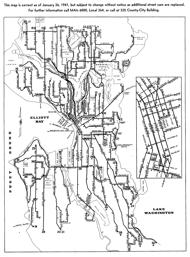 Historic Seattle streetcar map, circa 1941.