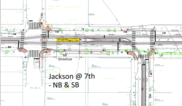 The layout of Jackson Avenue at the 7th Street streetcar station. The branch down 8th Street leads to the maintenance facility. (City of Seattle)