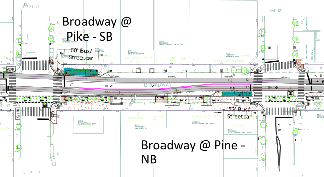 The layout of Broadway between Pike Street and Pine Street, where turn lanes and curbside parking force the tracks to weave. (City of Seattle)