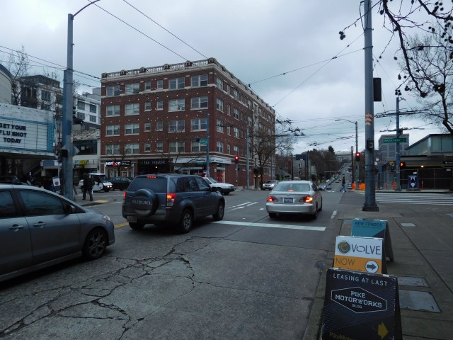 The intersection of Broadway and Olive Way. The Capitol Hill light rail station is at right. (Photo by the author)