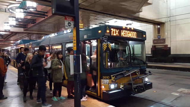 Riders boarding one of the last 71s to run in the transit tunnel Friday night. (Photo: author)