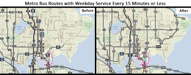 Northeast Seattle's frequent bus network before and after U-Link opens. (Source: King County Metro; Graphic: author)