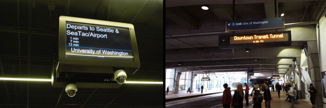 Left: Real-time arrival sign at UW Station. Right: static display at International District Station. (Left: The Urbanist; right: author)
