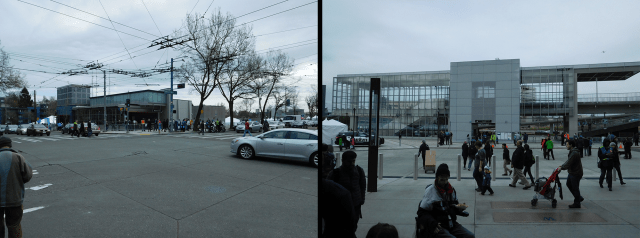 Left: outside the main Capitol Hill Station entry at the corner of Broadway and John Street. Right: the outside of UW Station. (Photos: author)