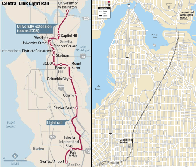 Central Link and the University Link extension. (Left: Dan Aguayo, Oregon Live; Right: Sound Transit)