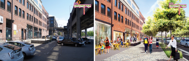 Left: Alaskan Way today. Right: Alaskan Way with the Waterfront Seattle plan. (City of Seattle)