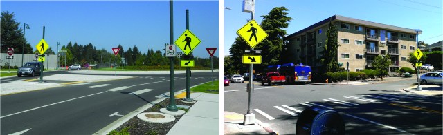 Left: Rapid flashing beacons at a roundabout on 84th Avenue NE in Medina. Right: rapid flashing beacons in Seattle on 15th Avenue NE at NE 55th Street. (Photos by the author)