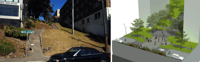 The Harrison Street stairs today (left: photo by the author) and a concept for the future (right: Melrose Promenade).
