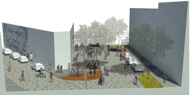 Concept for a festival street on Melrose Avenue between Pike and Pine Streets. The Melrose Market is the triangular building at left. (Melrose Promenade)