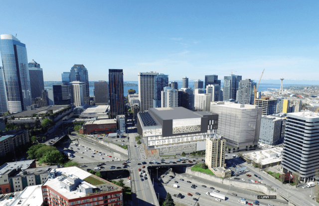 Rendering of the Convention Center Addition, at the corner of Pine Street and Boren Avenue next to Interstate 5. (LMN Architects, Washington State Convention Center)
